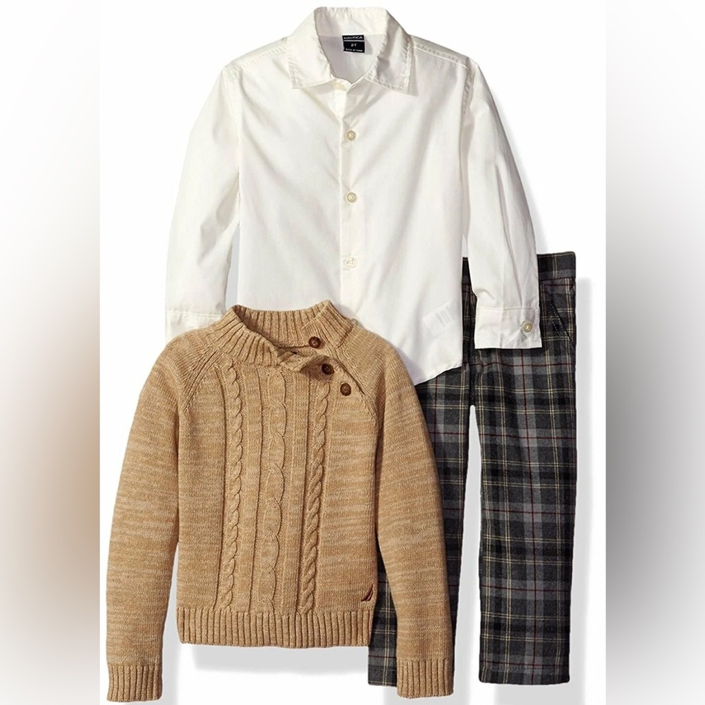 Nautica Kids Tan Sweater and White Shirt with Plaid Pants Set 24 Months